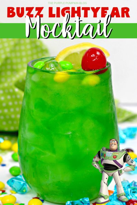 If your kids love Toy Story, they are going to love this fizzy and fruity Buzz Lightyear Mocktail! This fun beverage is quick to make, and is great for a Toy Story themed party. Make individual Buzz Lightyear mocktails, or make a large batch and serve from a drinks dispenser. This kid-friendly non-alcoholic cocktail is out of this world! #Mocktails #BuzzLightyearMocktail #PartyDrinks #ThePurplePumpkinBlog #ToyStory Toy Story Inspired Drinks, Buzz Lightyear Party Food Ideas, Toy Story Alcohol Drinks, Toy Story Cocktails, Toy Story Recipes, Toy Story Themed Dinner, Buzz Lightyear Birthday Party Food, Toy Story Movie Night Food, Toy Story Drinks