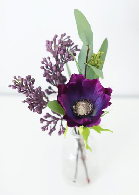 Purple Anemone in a Glass Vase is a beautiful accent for your home decor.  Find a wide variety of silk flower arrangements at Afloral.com. Eucalyptus Vase, Bud Vases Arrangements, Purple Anemone, Purple Flower Arrangements, Small Purple Flowers, Fresh Wedding Flowers, Small Flower Arrangements, Fake Hydrangeas, Beautiful Flowers Photography