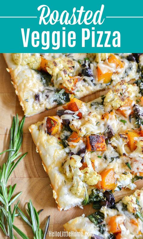 Looking for Fall Pizza Ideas? Then you have to try this amazing Roasted Fall Vegetable Pizza! This easy Roasted Vegetable Pizza Recipe is the perfect way to celebrate autumn with seasonal produce ... top this delicious Vegetarian Pizza with your favorite fall veggies, like Cauliflower, Butternut Squash, and Kale, plus Rosemary and Olives! This Roasted Veggie Pizza is a White Pizza that’s packed with delicious Fall Flavors that you’re going to love + it’s so easy to make. | Hello Little Home Roasted Vegetable Pizza Recipes, Vegetarian Pizza Recipes, Veggie Pizza Toppings Ideas, Vegetarian Pizza Ideas, Fall Pizza Ideas, Veggie Pizza Toppings, Roasted Veggie Pizza Recipe, Appetizer Meals, Pizza With Veggies