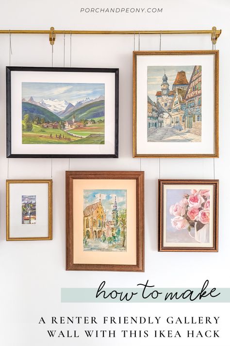 Create a renter and budget friendly gallery wall with this simple Ikea hack. Blend with vintage frames and art for a collected look | Ikea Hacks | Ikea | Gallery | Gallery Wall | Gallery Wall Ideas | Gallery Wall Layout | Gallery Wall Living Room | Rental Decorating | Rental Home Decorating | Renter Friendly Decorating | Renter Hacks Apartment | Rental Friendly Ideas | Budget Decor | Picture Rail | Picture Rail Living Room | Picture Rail Hanging Wain Scoting Wall, Ikea Art Wall, Renter Friendly Photo Wall, Picture Wall Apartment, Home Office Renter Friendly, Bedroom Hallway Wall Decor, Renter Friendly Home Office, Renter Friendly Ikea Hacks, Diy Wall Framing