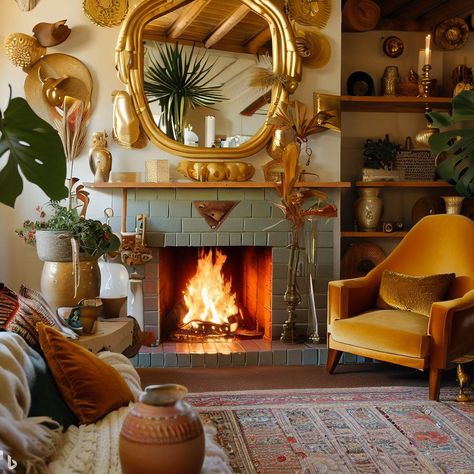 Boho Fireplace Makeover, Maximalist Fireplace, Eclectic Fireplace, Colored Fireplace, Colorful Fireplace, Bohemian Fireplace, Boho Fireplace, Maximalist Living Room, Fireplace Bookshelves