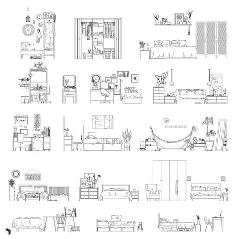 Cad Bedroom Setups PNG - Toffu Co Section Bedroom Drawing, Bedroom Section Drawing, Bedroom Elevation Drawing, Bedroom Elevation, Living Room Top View, Architecture Desk, Side View Drawing, Elevation Drawing, Bedroom Drawing