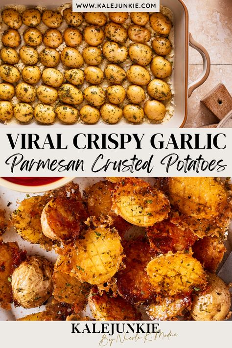 These Viral Crispy Garlic Parmesan Crusted Potatoes are addicting and it’s for good reason! After all, what could be better than crispy potatoes smothered in butter and parmesan? This recipe is the perfect appetizer, side dish, or even a delicious snack. Try them today and I know you’ll love them! Garlic Crispy Potatoes, Parmesan Crusted Potatoes Recipe, Oven Baked Parmesan Potatoes, Potatoes Parmesan Garlic Oven Baked, Parmesan Yellow Potatoes, Potatoes Parmesan Baked, Upside Down Potatoes, Parmesan Potatoes Recipes, Cheesy Crispy Potatoes