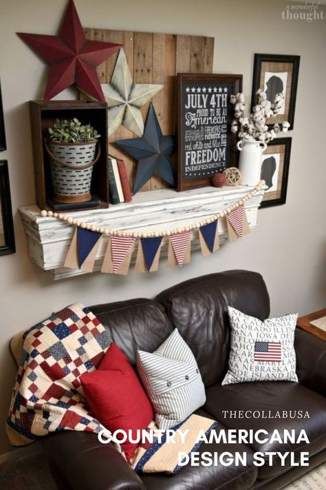 This is a good example of a shelf that has been well put together, providing lots of inspiration for your next Country Farmhouse Americana Decor Aesthetic. Patriotic Bedroom Decor, Patriotic Living Room, Americana Living Rooms, Americana Bedroom, Patriotic Room, Patriotic Bedroom, Rustic Americana Decor, Military Home Decor, Americana Home Decor