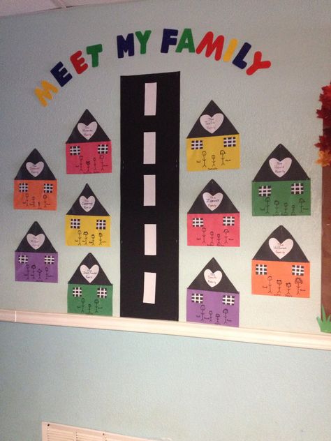 Family Bulletin Board Ideas Kindergarten, Family Classroom Door Decoration, Family Photo Wall Ideas Classroom, My Home And Family Preschool Theme Crafts, My Family And Me Door Decorations, Family Wall Ideas For Classroom, Daycare Family Photo Wall, Family Photo Wall Ideas Daycare, My Family Bulletin Board Ideas