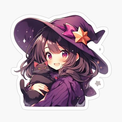 Cute Kawaii Halloween Witch and Her Cat in Purple Pastel Colors by CozyKawaiiArt | Redbubble Chibi Witch, Witch And Her Cat, Girly Artwork, Kawaii Witch, Witch Purple, Cute Witches, Nightwing Cosplay, Icon Halloween, Animated Witch