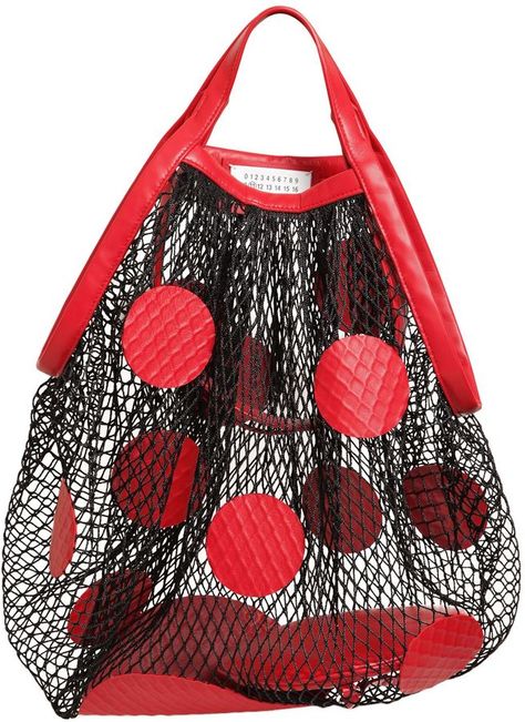 Maison Margiela Fishnet & Leather Polka Dot Tote Bag Polka Dot Tote Bag, Mesh Tote Bag, Knit Basket, Genuine Leather Totes, Genuine Leather Purse, Net Bag, Art Bag, Leather Handbags Tote, Tote Bag Leather