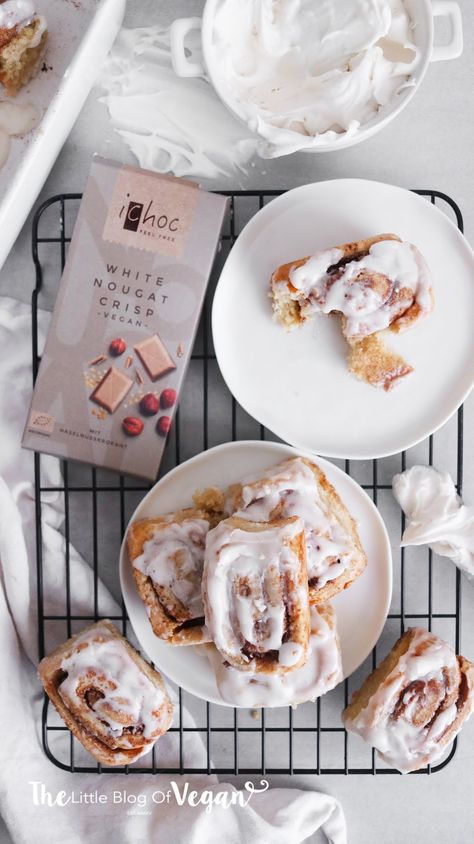 White chocolate cinnamon rolls recipe | Ft iChoc Chocolate Cinnamon Rolls, Vegan White Chocolate, Dairy Free Cream, Dairy Free Milk, Cinnamon Rolls Recipe, Chocolate Cinnamon, Creamy Chocolate, Baking Tins, Unsweetened Almond Milk