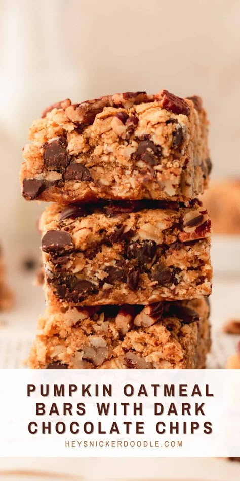 Pumpkin Oatmeal Bars with Dark Chocolate Chips Dark Chocolate Breakfast, Pumpkin Oatmeal Bars, Fall Dessert Bar, Oatmeal Dessert, Holiday Dessert Table, Oatmeal Chocolate Chip Bars, Chocolate Oatmeal Bars, Chocolate Breakfast, Holiday Desserts Table