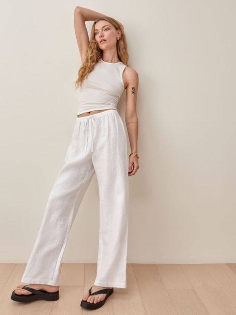 Capsule Wardrobe Checklist, Linen Pants Outfit, Black Linen Pants, Tie Waist Pants, Outfit Chic, Linen Pant, White Linen Pants, Summer Capsule Wardrobe, Wide Leg Linen Pants