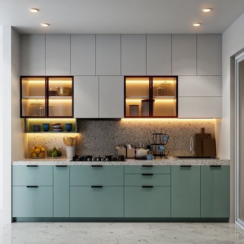 Kitchen Colour Combination With White, Indian Modular Kitchen Interior, Crockery Cabinet Design Modern, Kitchen Interior Indian, Kichen Cabinate Design New, Indian Kitchen Interior Modern, Kichan Farnichar Design, Kitchen Colour Combination Ideas, Small Kitchen Modular Design