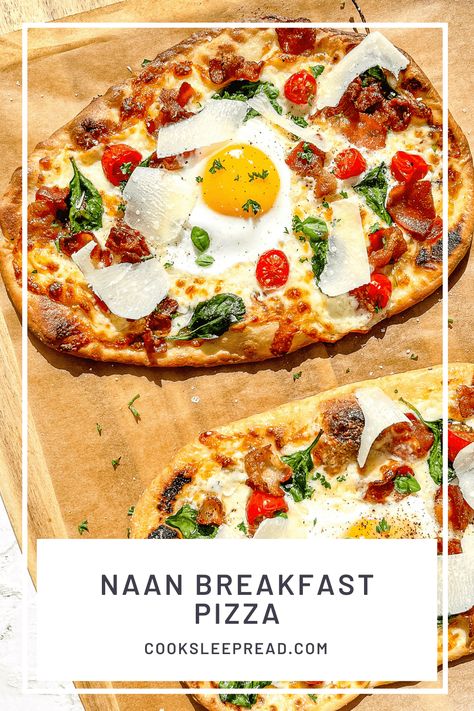 Easy Naan Breakfast Pizza - Cook Sleep Read Breakfast Naan Egg Bake, Breakfast Naan Pizza, Nan Bread Breakfast Ideas, Breakfast Naan, Naan Breakfast, Naan For Breakfast, Naan Bread Breakfast Ideas, Naan Breakfast Pizza, Freezable Breakfast