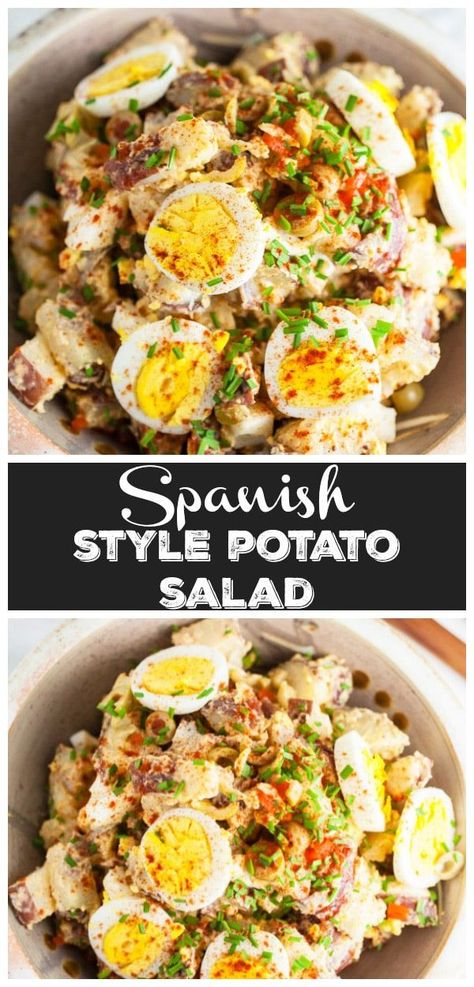 This Spanish Style Potato Salad is a fun and unique twist on the traditional potato salad recipe! This potato salad is easy to make and loaded with red potatoes. It's made with egg and with olives. A tangy dressing made with mustard and smoked paprika gives the salad its Spanish flavor. Bring this simple homemade vegetarian side dish that's loaded with flavor to your next bbq! #potatosalad #potato #withegg #salad #spanish #olives #bbq #vegetarian Spanish Potato Salad, Traditional Potato Salad Recipe, Traditional Potato Salad, Spanish Potatoes, Spanish Olives, Vegetarian Sides, Potato Salad Recipe, Vegetarian Side Dishes, Side Dishes For Bbq