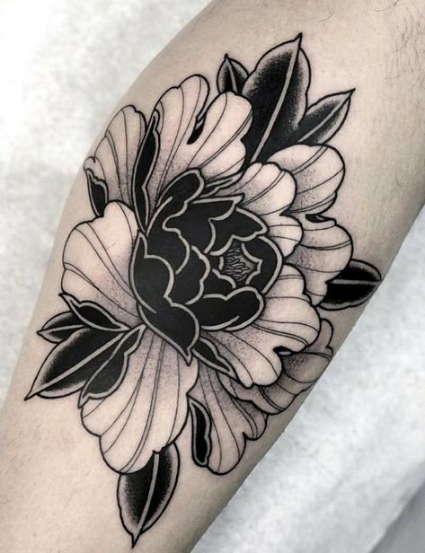 Black Peony Tattoo Design, Simple Bold Tattoos, Trad Knee Tattoo, Blackwork Peony Tattoo, Bold Flower Tattoo, Blackwork Peony, Dark Peonies, Landscape Tattoos, Black Flowers Tattoo