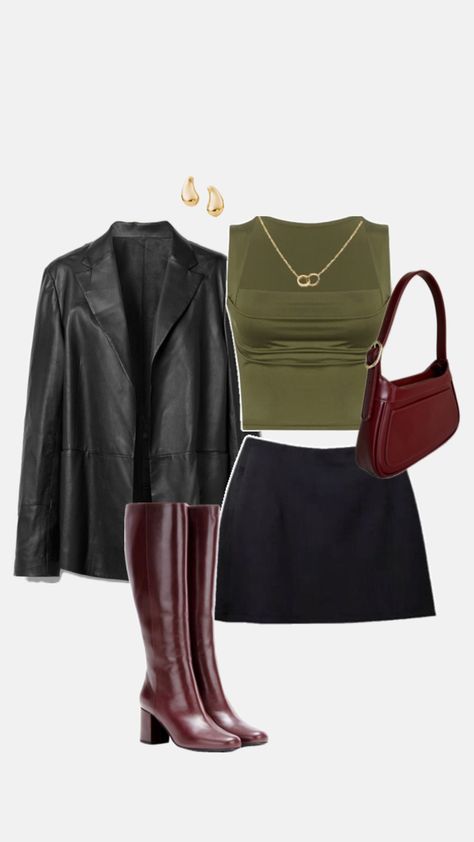 Green Night Outfit, Wine Night Outfit, Green Mini Skirt Outfit, Red Mini Skirt Outfit, Green Top Outfit, Olive Green Outfit, Red Leather Boots, Olive Green Top, Leather Boots Black