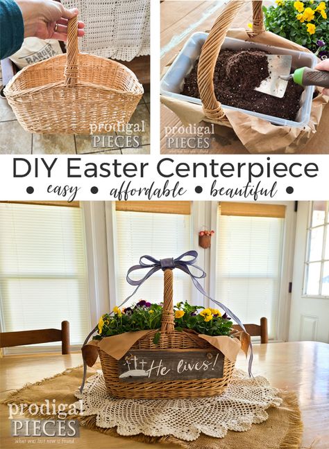 Beautiful, Affordable, and Easy ~ DIY Easter Centerpiece by Larissa of Prodigal Pieces | prodigalpieces.com #prodigalpieces #easter #diy #flowers #garden Easter Centerpieces Diy, Basket Makeover, Create Your Life, Easter Centerpiece, Easter Basket Diy, Vintage Trays, Round Basket, Easter Traditions, Sewing Baskets