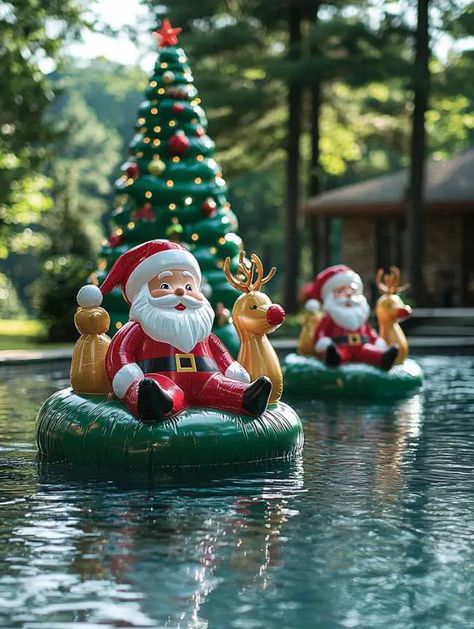 Pool Party Christmas, Pool Christmas Decor, Christmas Pool Decorations, Christmas In July Pool Party, Christmas Pool Party, Pool Decoration Ideas, Decoration Ideas For Christmas, Swimming Pool Decorations, Floating Pool Lights