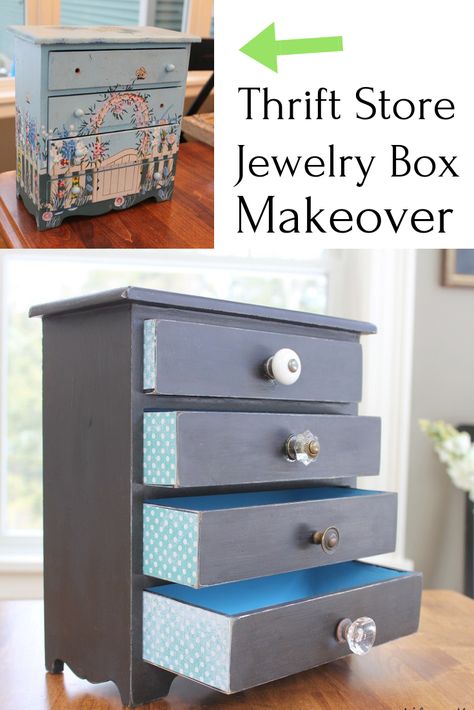 Thrift Store Thursday - Jewelry Box Makeover - Life on Kaydeross Creek Upcycled Jewelry Box Diy, Painted Jewelry Boxes Diy, Thrift Store Jewelry, Upcycle Jewelry Box, Modern Farmhouse Decorating, Pretty Scrapbook, Diy Jewelry Box, Thrift Store Upcycle, Box Makeover