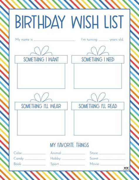 Choose from 12 birthday wish list templates perfect for your child to fill out all that he or she might want for their birthday. 100% FREE! Print from home! Birthday Wishlist Template, Wishlist Template, Birthday Wish List, 12 Birthday, Birthday Wish, Free Print, Milk Bath, 12th Birthday, He Or She