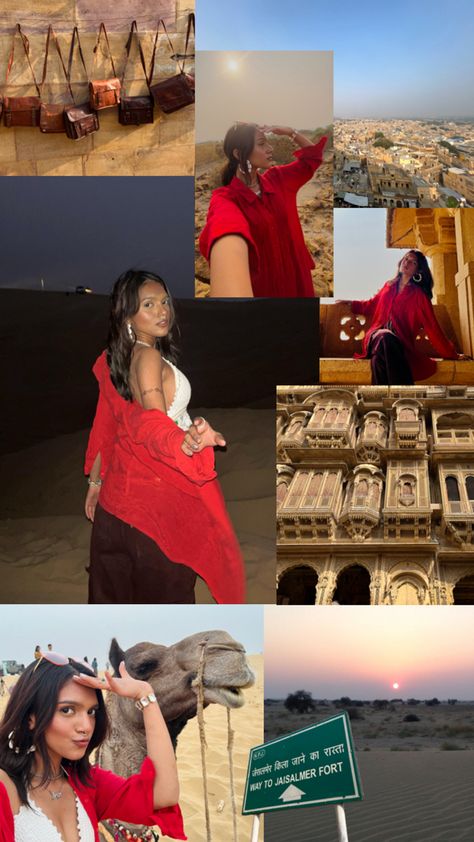 Picture collage of a girl visiting famous places and desert in jaisalmer Rajasthan in a pretty red shirt and Desert Photoshoot Ideas, Jaipur Travel, Desert Photoshoot, Mini Vlog, Desert Safari, Jaisalmer, Travel Vlog, Udaipur, Travel Lifestyle