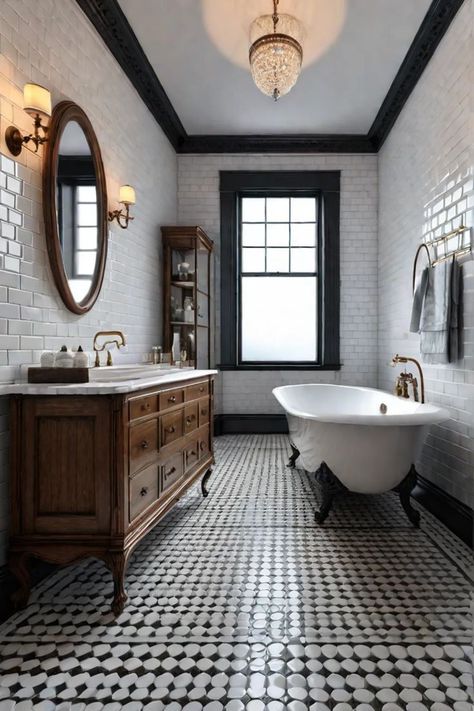 Master Bathrooms Vintage, Vintage Penny Tile Bathroom Floor, Vintage Goth Bathroom, Bathroom 1920s Style, Vintage Cottage Bathroom Ideas, Bathroom With Clawfoot Tub Ideas, Bathroom French Style, Victorian Modern Bathroom, Small Bathroom Vintage