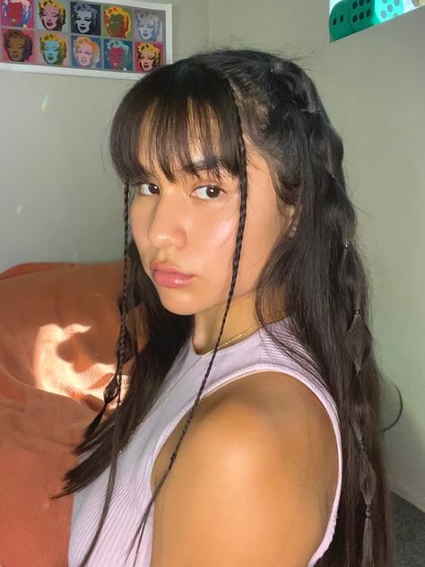 Hairstyles With Bangs And Braids, Braid Hairstyle With Bangs, Concert Hair With Bangs, Hairstyles For Fringes, Rave Hairstyles Bangs, Braid With Bangs Hairstyles, Fairy Hairstyles With Bangs, Rave Hairstyles With Bangs, Bangs And Braids Hairstyles