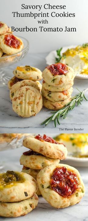 Savory Cheese Thumbprint Cookies with Bourbon Tomato Jam - These savory cookies are the NEXT BEST THING! Buttery, herby cookies with delicious cheddar cheese, and an amazing tomato jam! Comes together easily and its PERFECT as an appetizer, party food, or as a snack! Cheese Thumbprint Cookies, Savory Cookies, Appetizer Party, Thumbprint Cookies Recipe, Savory Cheese, Tomato Jam, Tapas Recipes, Thumbprint Cookies, Buffalo Chicken Dip