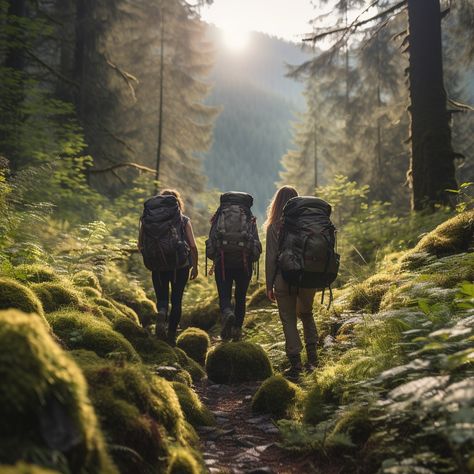 Forest Hiking Adventure: Three hikers with backpacks trekking along a moss-covered forest path in the warm sunlight. #hiking #forest #adventure #backpacks #moss #aiart #aiphoto #stockcake ⬇️ Download and 📝 Prompt 👉 https://ayr.app/l/x5yv Brain Retraining, Forest Yoga, Hiking Group, Hiking Forest, Forest Hiking, Hiking Summer, Foggy Mountains, Forest Adventure, Moss Covered