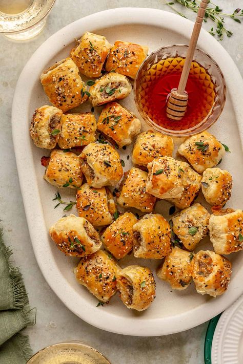 Sausage Rolls with Hot Honey and Thyme Defined Dish Appetizer, Savory Honey Recipes, New Year's Appetizers, Winter Party Recipes, The Best Dinner Rolls, Easy New Years Recipes, Apres Ski Appetizers, Appetizer With Sausage, Christmas Breakfast Savory