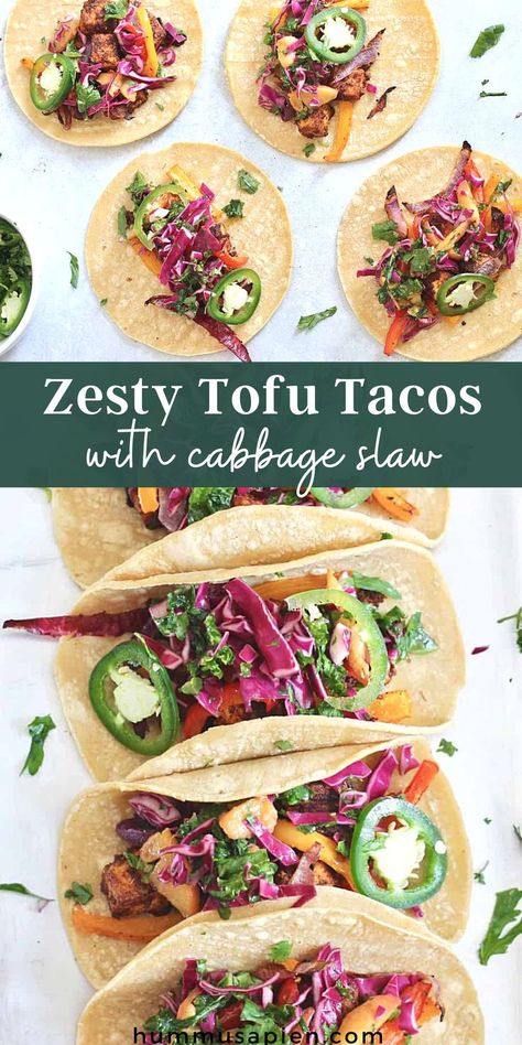 Roasted Peppers And Onions, Pan Tofu, Tacos With Cabbage Slaw, Kale Slaw, Healthy Spring Recipes, Tacos Recipes, Tofu Tacos, Course Ideas, Vegan Mexican Recipes