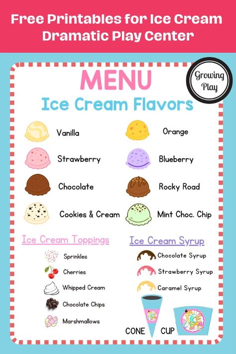 Ice Cream Shop Dramatic Play Free Printables - Growing Play Dramatic Play Menu Printable Free, Bakery Dramatic Play Preschool Free Printable, Ice Cream Play Ideas, Ice Cream Dramatic Play Printables Free, Ice Cream Dramatic Play Preschool, Free Printable Dramatic Play, Free Dramatic Play Printables, Ice Cream Dramatic Play, Dramatic Play Printables Free