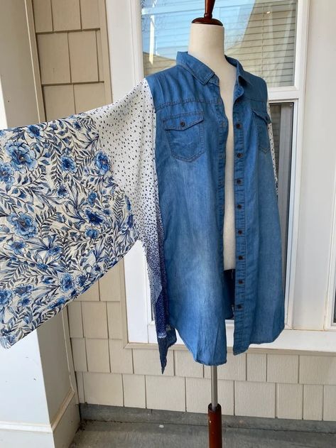 Runway45BohoChic - Etsy Upcycled Denim Shirt, Easy Upcycle Clothes, Upcycled Fashion Refashioning, Recycle Clothes Refashioning, Upcycled Denim Fashion, Upcycle Clothes Diy Refashioning, Thrift Upcycle Clothes, Refashion Clothes Upcycling, Upcycled Clothing Tutorial