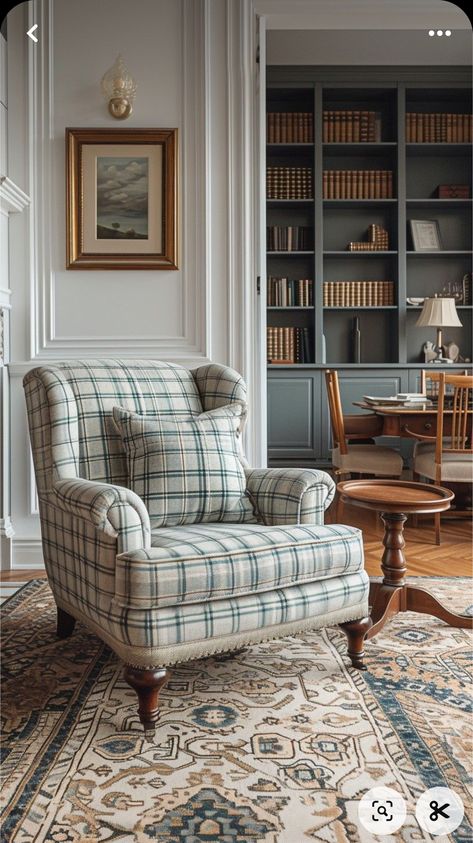 Library In The Living Room, Cozy Library Living Room, Scottish Homes Interior, Cottage Armchair, Cottage Reading Nook, English Cottage Interiors Cozy, Plaid Armchair, New England Colonial Interior, Cozy Library Room Ideas