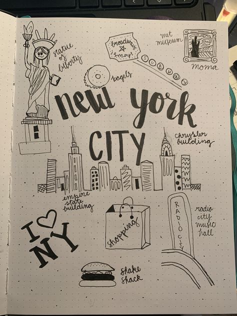 Nyc Aesthetic Drawing, New York Journal Ideas, Nyc Drawing Simple, Nyc Scrapbook Ideas, New York Aesthetic Drawing, New York Art Drawing, New York Dibujo, Nyc Skyline Drawing, Nyc Doodles