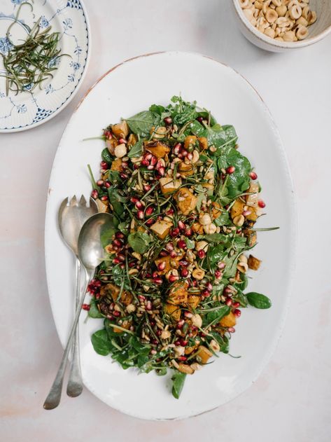 Roasted butternut squash, hazelnut, seedy salad with pomegranate and crispy rosemary — Alexandra Dudley Hazelnut Salad, Salad With Pomegranate, Thanksgiving 2024, Clean Baking, Salad Dishes, Salad Leaves, How To Roast Hazelnuts, Roasted Squash, Magic Recipe