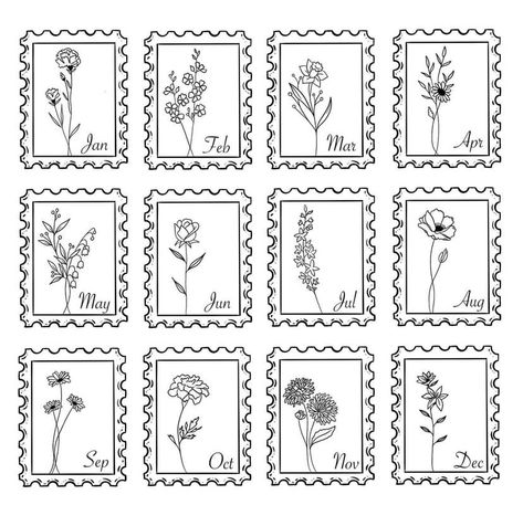 Aster Stamp Tattoo, Birth Flower Postage Stamp Tattoo, Traditional Style Stamp Tattoo, Small Frame Tattoo, Daisy Postage Stamp Tattoo, Stamp Outline Tattoo, Marigold Stamp Tattoo, Carnation Stamp Tattoo, Small Postage Stamp Tattoo