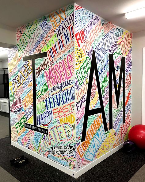 Colegio Affirmation Wall Mural, Craft Room Mural Ideas, Gym Murals, Church Mural, Jason Naylor, Collaborative Mural, School Bathroom, Affirmation Wall, School Murals