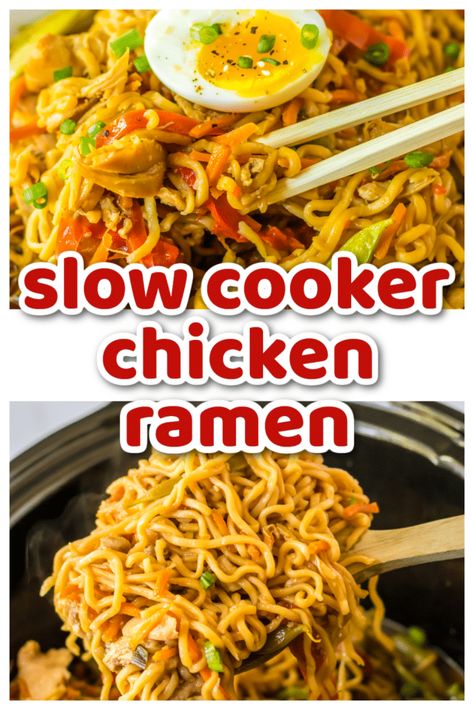 Slow Cooker Chicken Ramen - Life With The Crust Cut Off Slow Cooker Chicken Ramen, Chicken Ramen Noodle Recipes, Ramen Noodle Recipes Easy, Chicken Ramen Recipe, Ramen Dinner, Easy Ramen, Chicken Ramen, Noodle Recipes Easy, Ramen Noodle Recipes