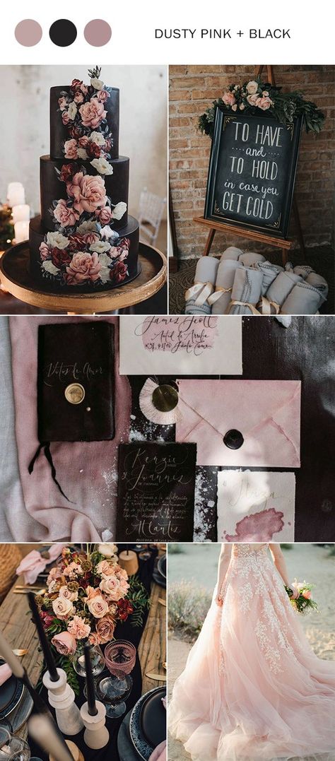 Blush Pink Black And White Wedding, Dusty Pink And Black Wedding, Pink And Black Wedding Decor, Black Wedding Theme Color Combos, Black Fall Wedding, Black Wedding Decor, Pink And Black Wedding, Fall Wedding Color Ideas, Bright Wedding Colors