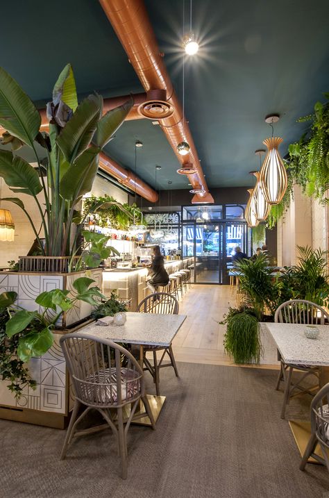 Resturant Ideas Plants, Garden Theme Restaurant Interior, Biofilic Design, Resturant Design, Wine Bar Restaurant, Modern Restaurant Design, Work Cafe, Pub Interior, Restaurant Exterior