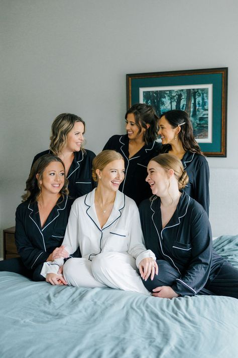 PHOTOGRAPHY: @lexibenjaminphotography Getting Ready Pajamas, Bride Getting Ready Outfit, Bridesmaid Getting Ready, Bridal Party Photos, Silk Pajama Set, Bride Getting Ready, Black White Wedding, Madison Wi, Silk Pajamas