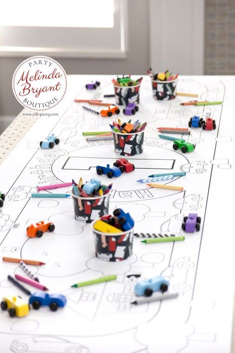 Car Theme Table Decoration, Kids Table Activities Party, Two Fast Birthday Games, First Birthday Activities For Kids, Birthday Party Games For Toddlers, Kids Table Activities, Childrens Party Games, Table Activities, Transportation Birthday Party