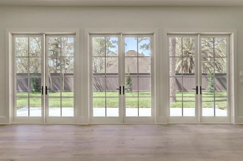 Back Patio Windows, Glass Doors Outdoor, 2 Patio Doors Side By Side, 3 French Doors In Living Room, Three French Doors Living Room, Pocket French Doors Exterior, Glass French Back Door, Two Sets Of French Doors To Patio, Great Room French Doors