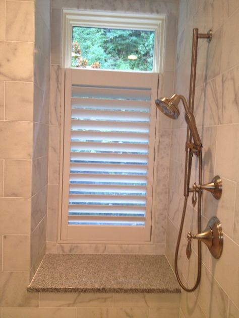 Palm Beach Polysatin Shutters by Hunter Douglas.  Window Coverings for your shower Shower Master Bath, Log Home Bathroom, Bathroom Window Coverings, Shower Window, Cottage Style Bathrooms, Small Full Bathroom, Bathroom Lighting Design, Window Curtains Living Room, Window In Shower