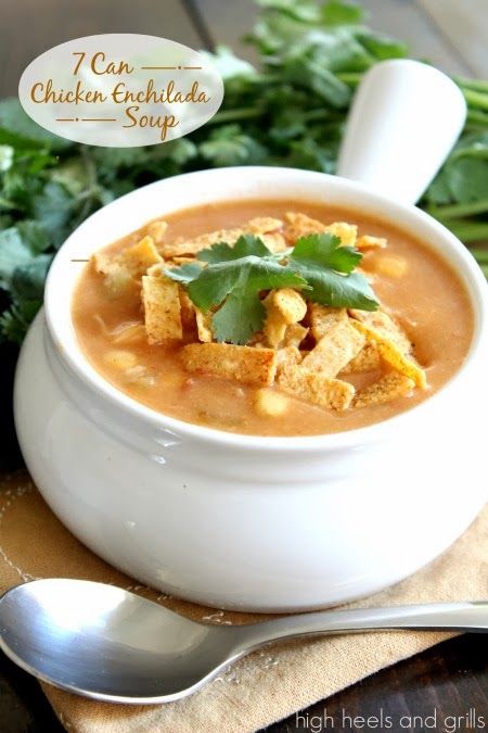 To make this soup, you literally put seven cans of stuff in a pot and heat it up. So easy and delicious! #recipe #dinner http://www.highheelsandgrills.com/2013/12/7-can-chicken-enchilada-soup.html Enchilada Seasoning, Can Chicken Recipes, Tortilla Strips, Can Chicken, Soup Chicken, Chicken Enchilada Soup, Enchilada Soup, Chicken Enchilada, Steak Sandwich