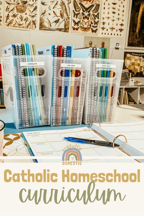 What are the best catholic homeschool curriculum out there? Well to be honest, this will depend entirely on your method of homeschool. So, I’m sharing some of our favorite places to source materials to build your traditional catholic curriculum. Curriculum Organization Homeschool, Organize Homeschool Curriculum, Homeschool Curriculum Organization, Catholic Homeschool Curriculum, Morning Baskets, Homeschooling Materials, Classical Homeschool, Kindergarten Homeschool Curriculum, Homeschool Middle School