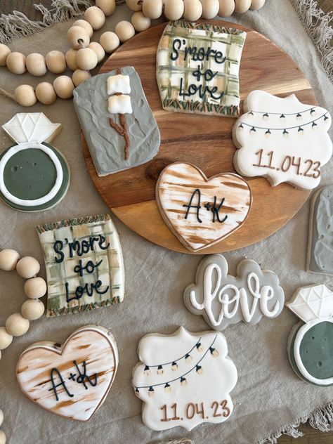 Campfire Bridal Shower Theme, Smores Bridal Shower Theme, Smore Love Engagement Party, Couples Wedding Shower Cookies, Couples Shower Cookies, Wedding Shower Cookies, Engagement Cookies, Love Cookies, Wedding Shower Themes