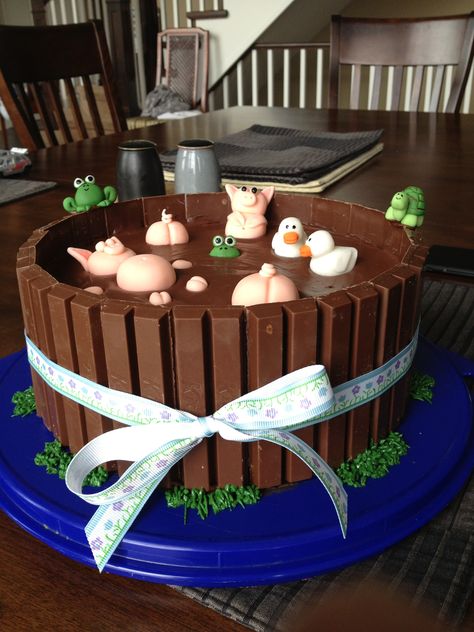 Pig Mud Bath Cake, Pig In Mud Cake, Mud Cake Decoration, Watermelon Pig, Pigs In Mud Cake, Birthday Cake Alternatives, Farm Animal Cakes, Farm Cake, Pig Cake