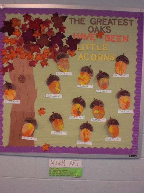 Fall bulletin board using acorns for marble painting.   Teaching Strategies Gold objectives 11a, 11d,24,28 Change Is All Around Crafts For Infants, Bulletin Boards For Kindergarten, Autumn Bulletin Boards, Teaching Strategies Gold, October Bulletin Boards, November Bulletin Boards, Kindergarten Bulletin Boards, Thanksgiving Bulletin Boards, Fall Bulletin Board