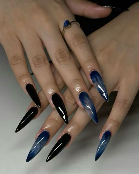 Blue Stilettos Nails, Xxl Almond Nails, Dark Core Nails, Blue And Black Halloween Nails, Blue Long Almond Nails, Hoco Blue Nails, Goth Nails Blue, Navy Blue Nails Designs Fall, Black Mermaid Nails